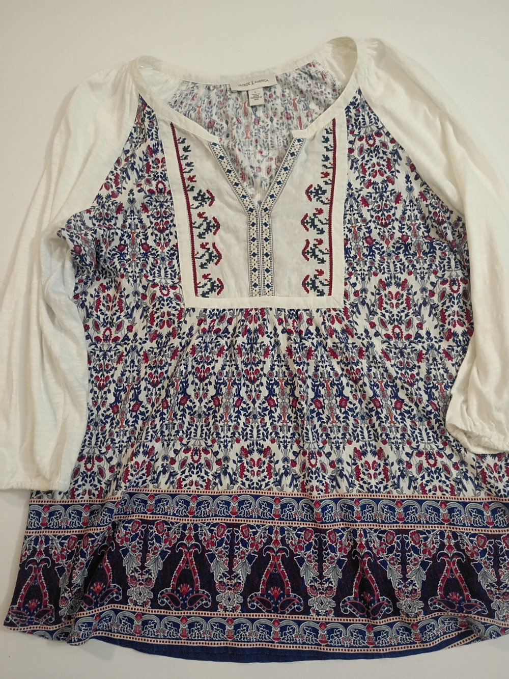 Vintage America Peasant Style Top With Floral Print Embroidered Details